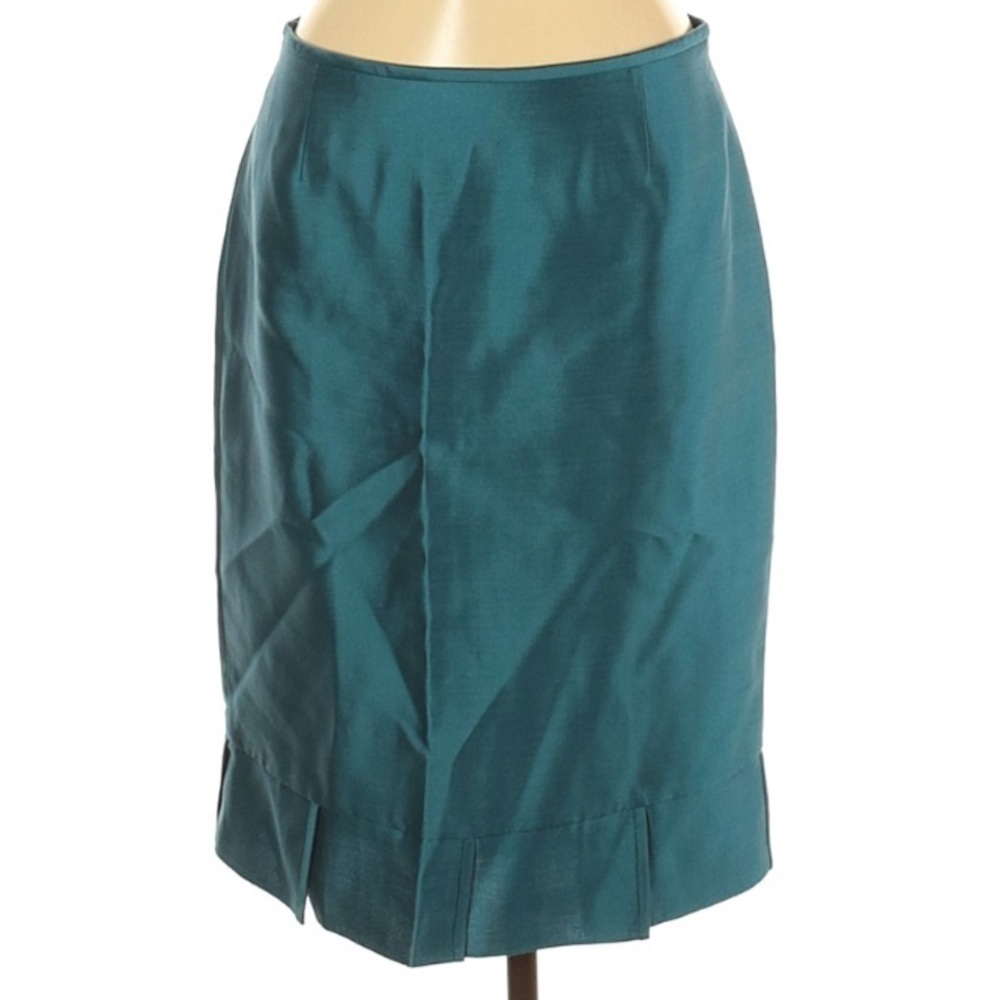 Tahari Teal Wool Silk Pleat Hem Pencil Skirt Sz 8 professional career wear